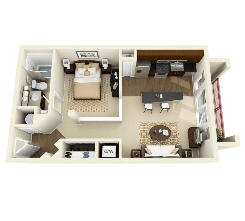 a bedroom with a bed and a desk in a room